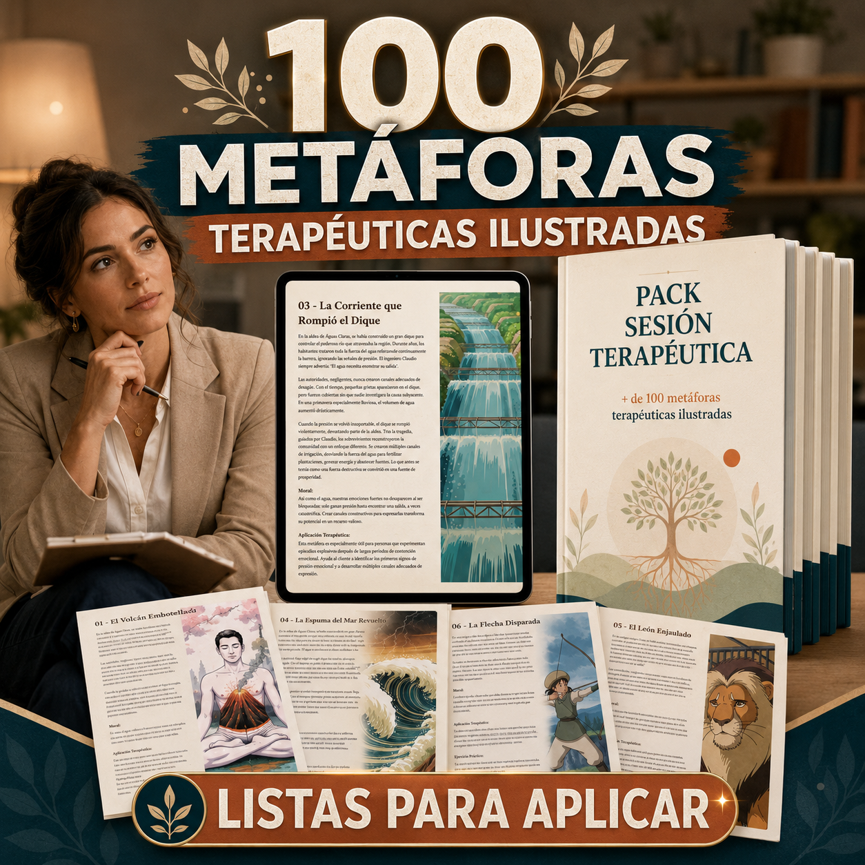 Mockup del Pack Sesión Terapéutica con más de 100 metáforas terapéuticas ilustradas